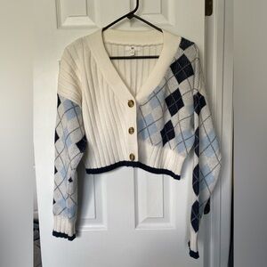 BP. Argyle NWOT Ribbed Crop Cotton Blend Cardigan Ivory Blue Argyle Medium